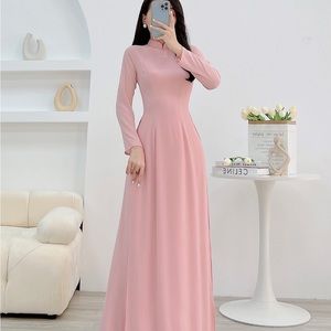 Pink soft silk ao dai Vietnam dress-double layers pants,wide-legs /skirt pants